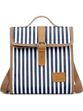 Insulated Lunch Bag , Small Lunch Box with Adjustable Strap for Women, Stripes